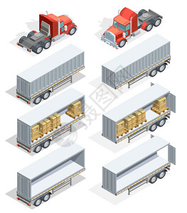 卡车等距图标彩色现实的卡车等距图标卡车承载负荷几种类型的拖车矢量插图图片