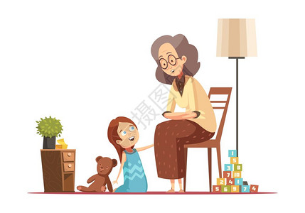 坐椅子的小怪兽祖母带着孩子复古卡通祖母家与小孙女交谈,带着泰迪熊高级女人物复古卡通海报矢量插图插画