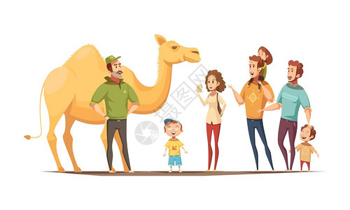 沙漠船骑成野生动物作文与骑骆驼教练群好奇的孩子成人人物矢量插图图片