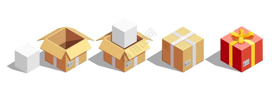 要素图标包裹包装等距送货等距收集方形纸箱图像粘贴盒发送节日礼品盒矢量插图插画