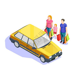 先装修后付款人们购物等距插图家庭很多袋子他们的车后,购物3D等距矢量插图插画