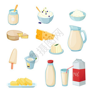 酸奶矢量乳制品套装乳制品与牛奶各种包装奶酪,酸奶,黄油,凝乳,酸奶油,分离矢量插图插画