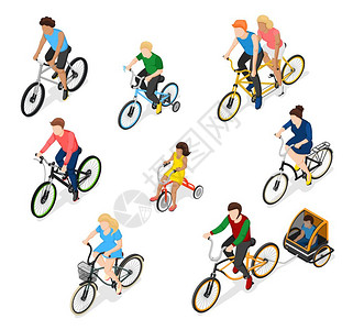 自行车骑手角色集自行车等距的人套自行车骑手露的人的同龄别矢量插图图片