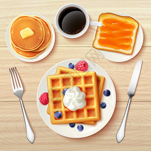 奶油咖啡经典早餐顶景写实形象甜蜜的经典早餐与华夫饼浆果果酱烤饼黑咖啡顶部视图现实矢量插图插画