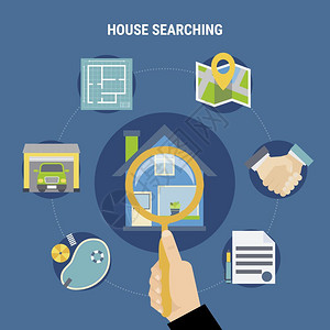 房屋搜索房屋搜索与购买符号蓝色背景平矢量插图图片