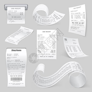 收银机打印收据真实收款收银机销售收据打印热轧纸现实样本浅灰色背景矢量插图背景图片