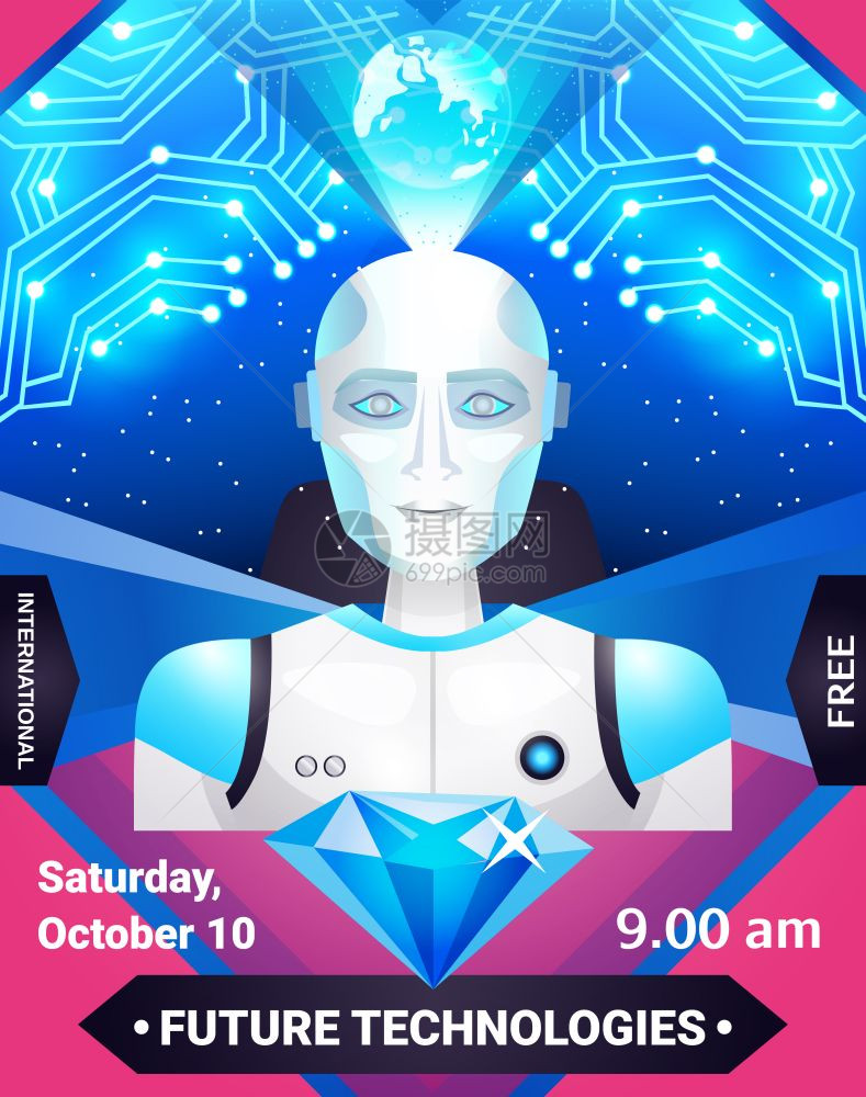 未来技术海报未来的技术海报蓝色粉红色与机器人,集成电路,地球仪钻石矢量插图图片