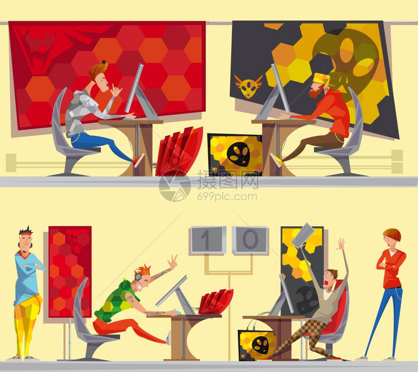 网络游戏玩家2平卡通横幅体育竞技电子游戏实时策略2平卡通横幅与网络游戏玩家隔离矢量插图图片