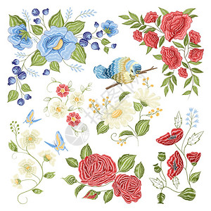 五月玫瑰花卉刺绣彩色图案经典花卉刺绣填充图案与玫瑰,洋甘菊,蓝莓,鸟类蝴蝶彩色矢量插图插画