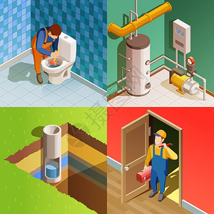 水仪器水管工4个彩色等距图标正方形管道工修复问题4彩色等距图标正方形与解开厕所与柱塞隔离矢量插图插画