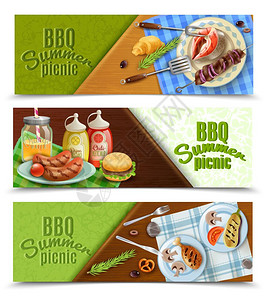 烧烤夏季野餐横幅烧烤夏季野餐水平横幅烤肉鱼,酱汁,餐具,餐巾,矢量插图图片