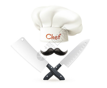 厨师胡子刀子的帽子厨师帽子与红色刻字胡子交叉刀白色背景矢量插图图片