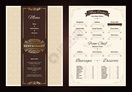 餐厅菜单复古餐厅菜单复古与华丽的框架丝带厨师菜肴饮料甜点孤立矢量插图图片