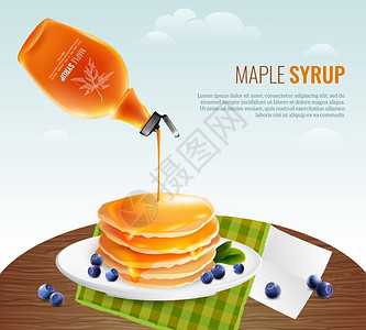 枫糖浆的枫树糖浆与桌煎饼浆果卡通矢量插图图片