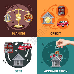 债务信用4平图标借方贷方余额簿记预算计划4平信息图元素图标正方形成孤立向量插图插画