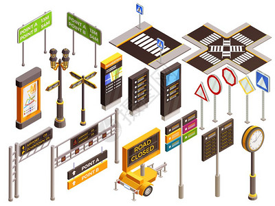 危化品运输城市方向标志城市导航等距元素与真实图像的街道行人交通标志图像矢量插图插画
