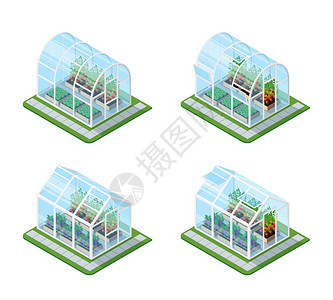 璃温室等距装置璃温室等距与生长的农产品五颜六色的花卉分离矢量插图背景图片