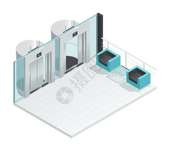 动静分区现代电梯厅内部电梯电梯等距内部与当代风格的电梯厅,两把椅子,璃隔断金属舱室矢量插图插画