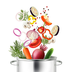蔬菜水果商的蔬菜锅的蔬菜锅的现实与配料烹饪符号矢量插图插画