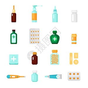 药物图标药物图标与同类型的药物医疗产品的形式液滴水泡片剂矢量插图插画