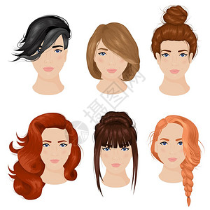 辫子矢量女发型创意6图标集合简单可爱的发型想法长发6图标收集与发髻辫子孤立矢量插图插画