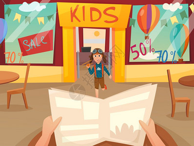 孩子正逃避作文复古卡通孩子跑作文与人视图前的商店窗口矢量插图背景图片