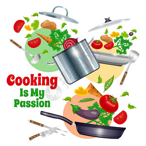 吃饭工具厨房用具蔬菜成构图与厨房用具,包括平底锅,烹饪工具蔬菜白色背景与彩色圆圈矢量插图插画