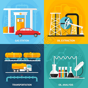天然气开采石油天然气工业成四个天然气石油工业广场成,带装饰图标,代表汽油提取分析运输矢量插图插画