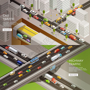 城市风景线城市高速公路横幅道路元素等距横幅与城市风景公路汽车图像与阅读更多按钮矢量插图插画