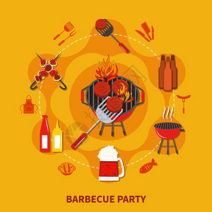 烧烤派公寓烧烤派平与烹饪明火与必要的象食物矢量插图背景图片