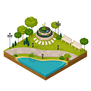 公园景观的等距片段公园景观建设者的等距片段与池塘花坛长椅路灯树木矢量插图背景图片
