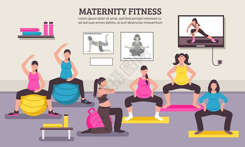 瑜伽教练指导产妇健身平海报孕妇体健身平海报与氧肌肉平衡练孕妇矢量插图插画
