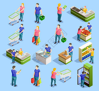 超市等距元素收集等距的人购物集的人的角色与手推车,橱柜,货架结帐站矢量插图背景图片