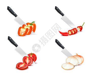 刀切蔬菜三维套装刀切蔬菜三维与番茄辣椒洋葱辣椒白色背景分离矢量插图图片