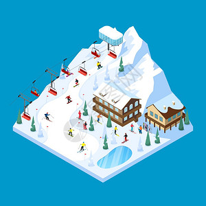 白色尖桩篱栅滑雪山等距景观滑雪胜地平铺等距景观与Piste房屋桩绳道滑雪者数字矢量插图插画