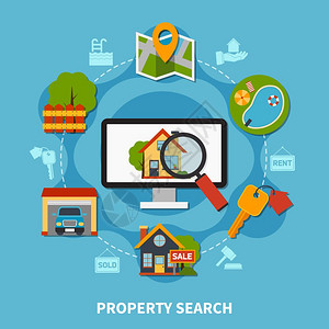 房地产平房地产与各种房地产搜索销售元素的蓝色背景矢量插图图片