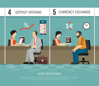 办公室打印平银行插图银行办公室职员执行开户货币兑换平矢量插图的操作插画