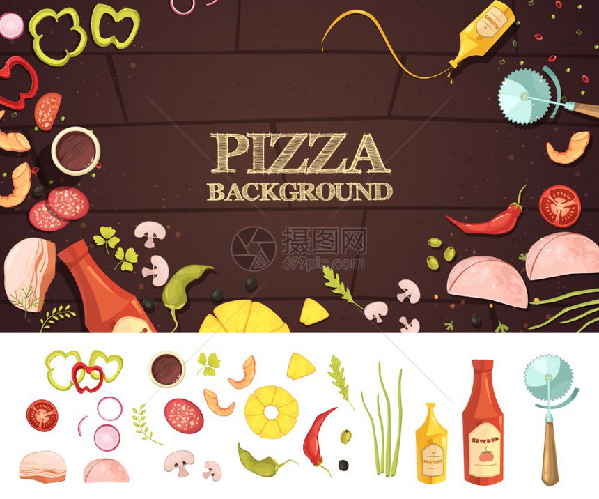 比萨饼卡通风格的比萨饼卡通风格的与配料棕色背景套蔬菜孤立矢量插图图片