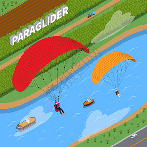 安徽颍上八里河滑翔伞等距插图滑翔伞上飞行的河流与船只道路与运输夏季等距矢量插图插画