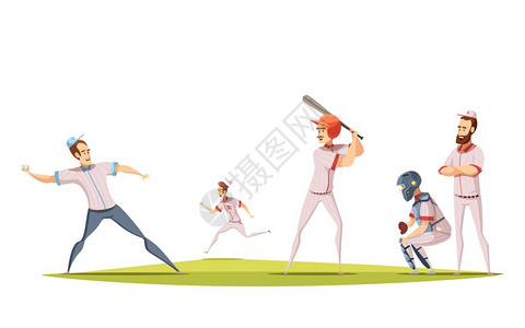 棒球运动员的理念棒球运动员与卡通运动员雕像事游戏的运动场平矢量插图图片