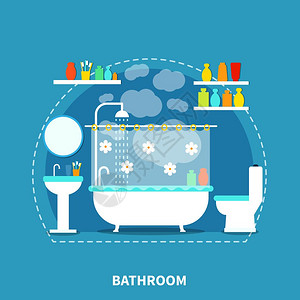 浴室内部浴室内部与浴室厕所镜子蓝色背景平矢量插图图片