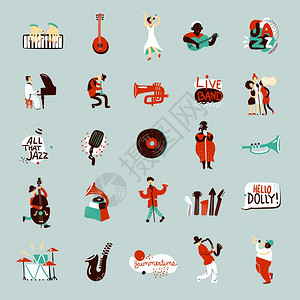 爵士音乐家套装爵士音乐家各种乐器平图标矢量插图图片