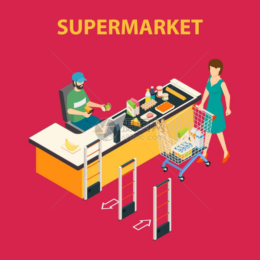 购物中心超市成超市背景与平女客户结账员人类人物与购物车产品矢量插图图片