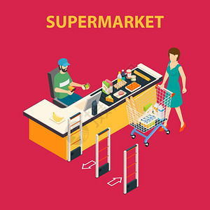 购物中心超市成超市背景与平女客户结账员人类人物与购物车产品矢量插图图片