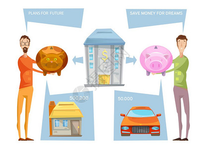 实现财务目标的金融目标的构成与两个男角色持银行与思想泡沫欲望矢量插图图片