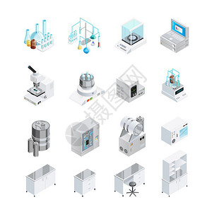 工作台图标实验室设备图标实验室图标16个等距图像的实验室工具工作台工作场所家具元素矢量插图插画