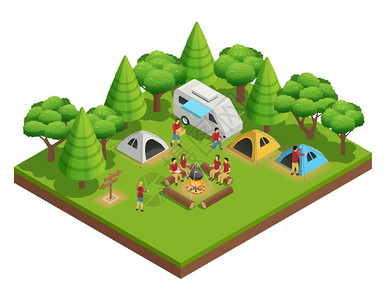 诺斯伍兹徒步旅行等距成徒步旅行等距成与群人谁树林中露营,并坐篝火旁边的帐篷矢量插图插画
