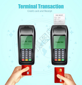 信用卡付款集信用卡读卡器交易付款时刻与收据来自设备真实图像矢量插图图片