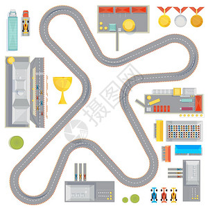 游戏赛道作文构图与曲线赛车轨道车库服务站赛车图像杯奖牌图标矢量插图图片