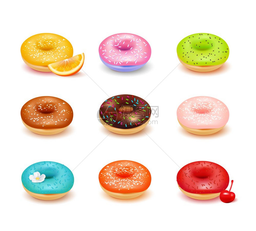 甜甜圈分类套甜彩色甜甜圈与各种浇头新鲜水果分类白色背景现实矢量插图图片